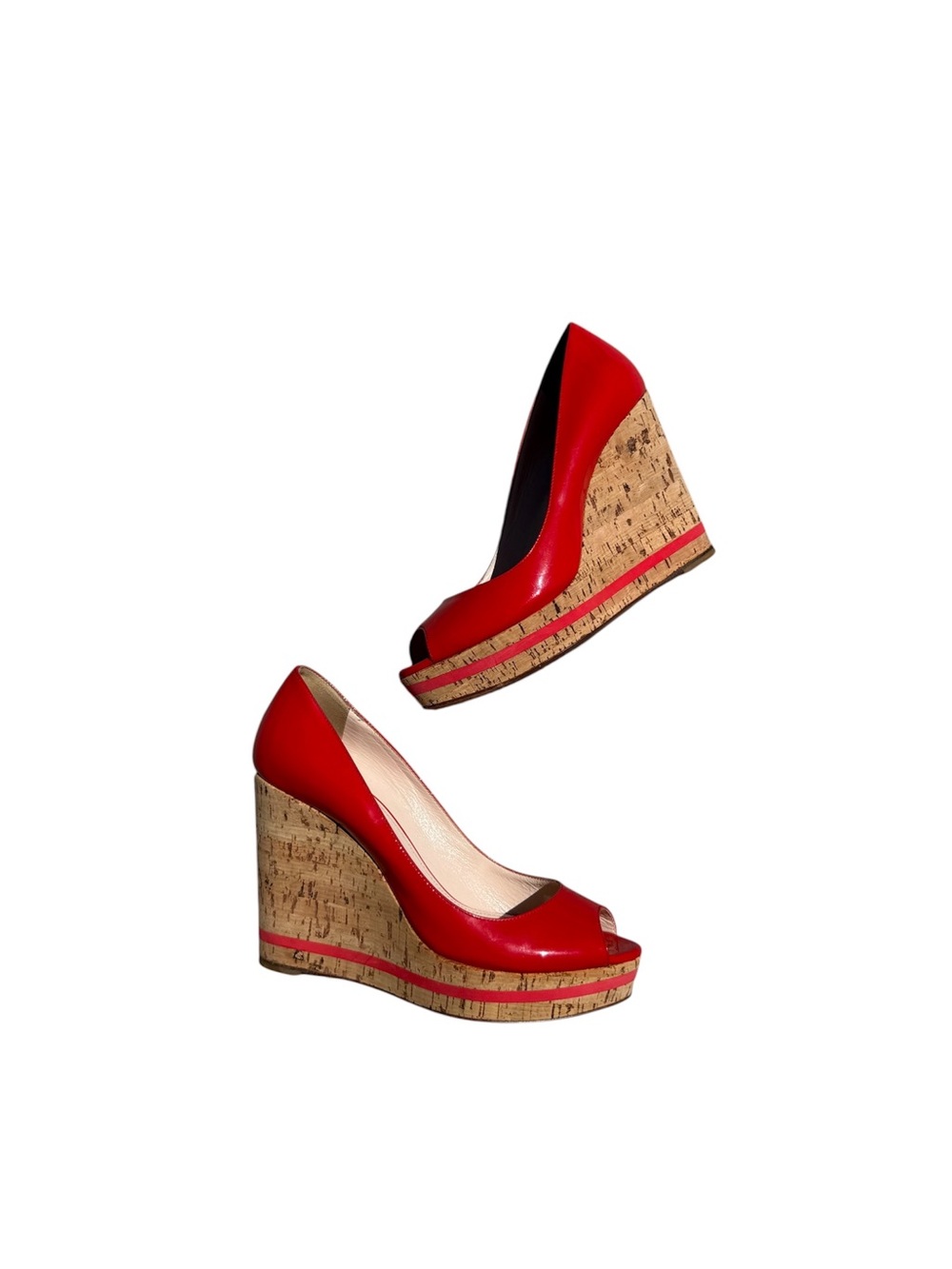 Vintage Y2K Prada Red Peep-Toe Cork Wedge Pumps